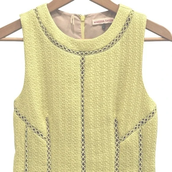 Rebecca‎ Taylor Cocktail Mini Dress Yellow Chartreuse Ladder Stitch Sleeveless 2 - Picture 9 of 12